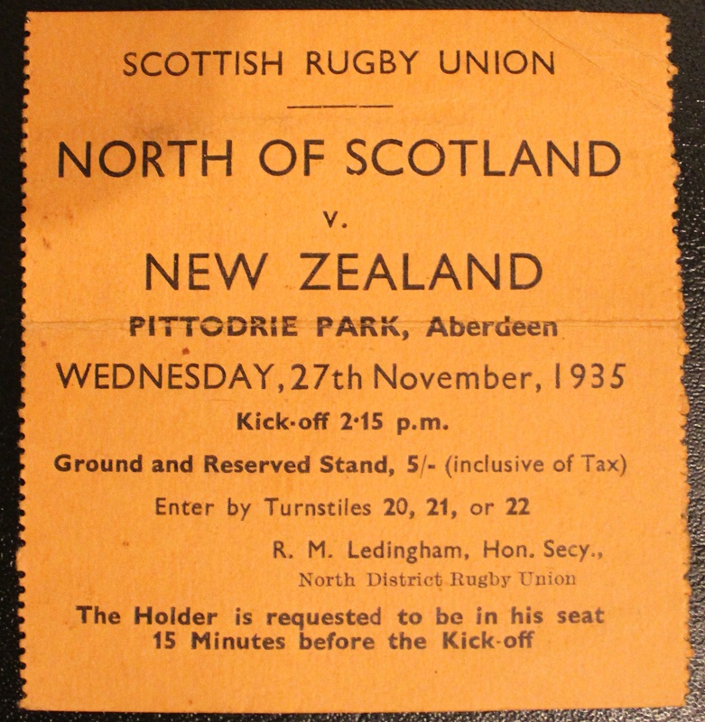 1935 North of Scotland v New Zealand 'All Blacks' Ticket - Rugby Memorabilia Society